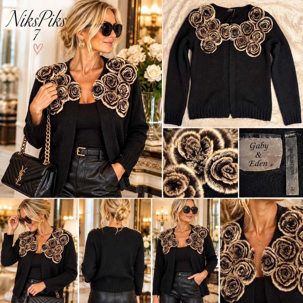 Gaby & Eden Black Cardigan Sweater L 3D Faux Fur Rosette Floral Statement Knit